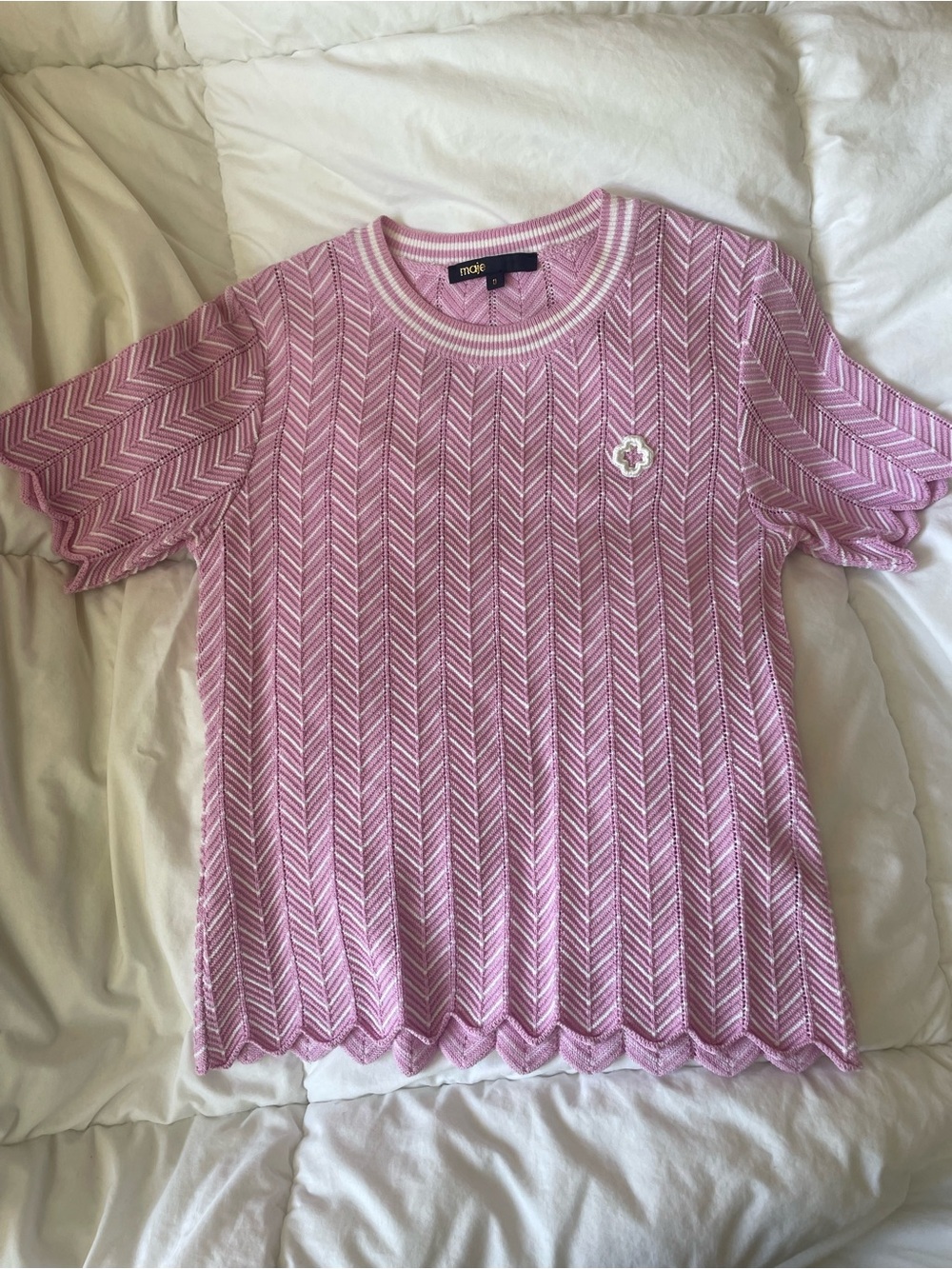 Maje Light Pink Chevron Knit Short Sleeve Top